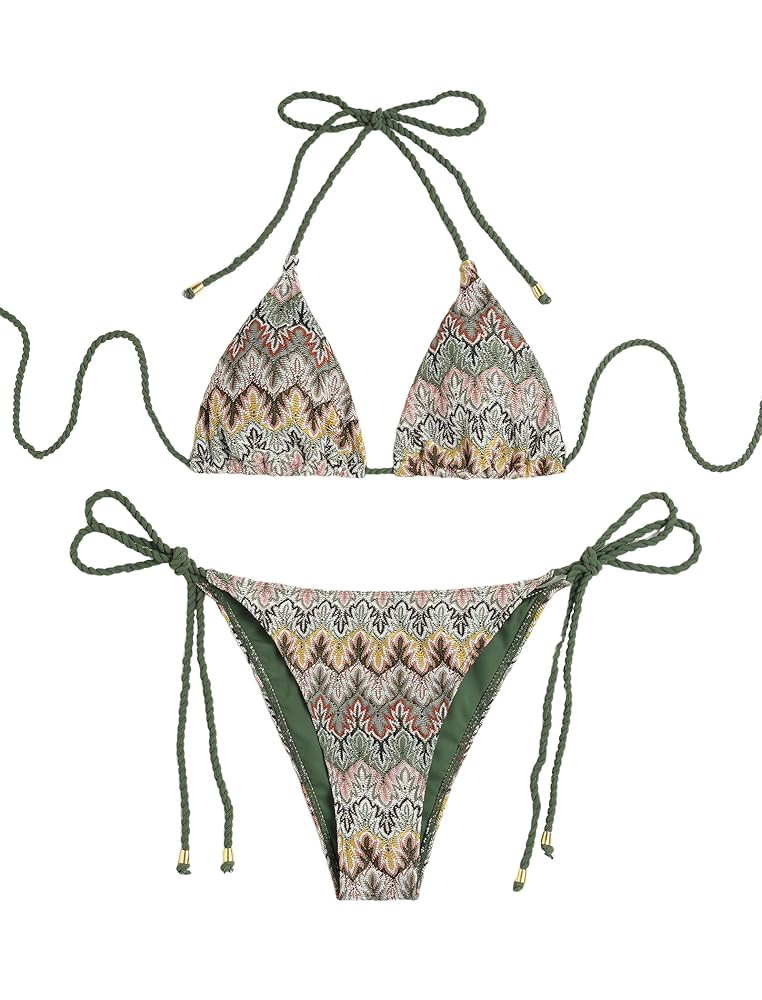 ZAFUL 2 Piece Triangle Bikini for Women Knitted Rope Halter Bikini Sets Sexy Bathing Suit Side Ti... | Amazon (US)