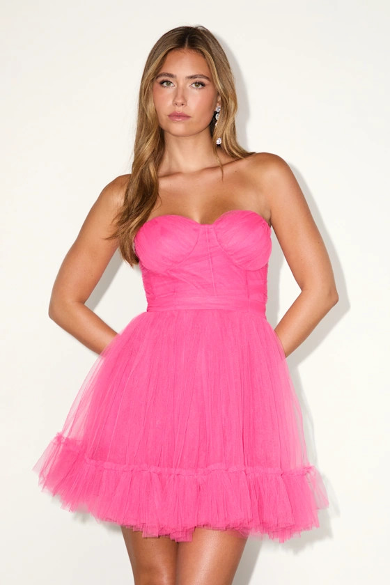 Lovely Flirtation Hot Pink Tulle Strapless Bustier Mini Dress | Lulus