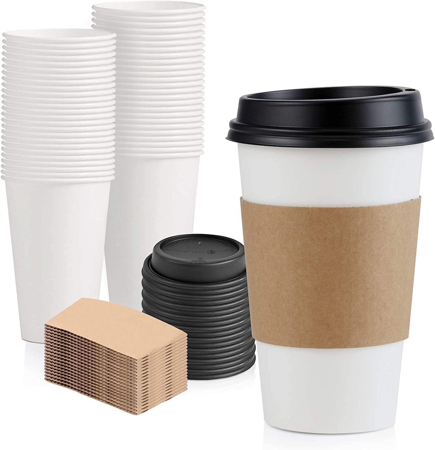 [50 Pack] 16 oz Hot Beverage Disposable White Paper Coffee Cup with Black Dome Lid and Kraft Slee... | Amazon (US)