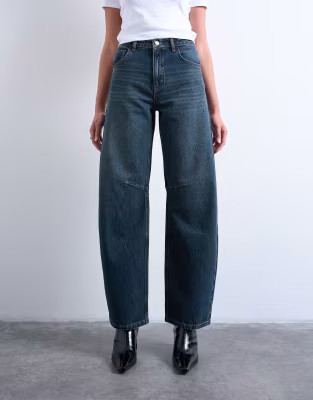 Barrel mid rise jean in deep blue | Topshop