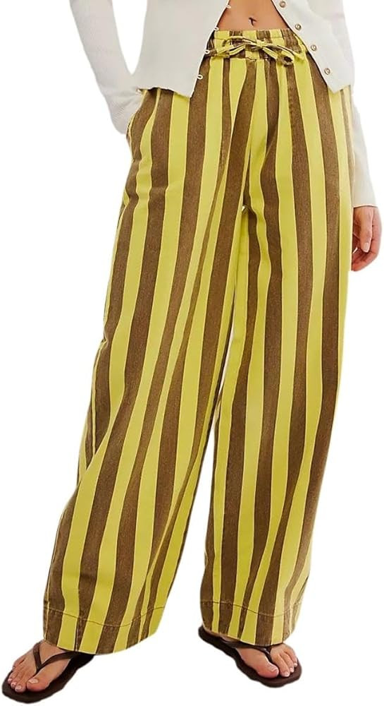 LifeShe Womens Striped Wide Leg Jeans Drawstring Elastic Waist Denim Pants Casual Baggy Jean Trou... | Amazon (US)