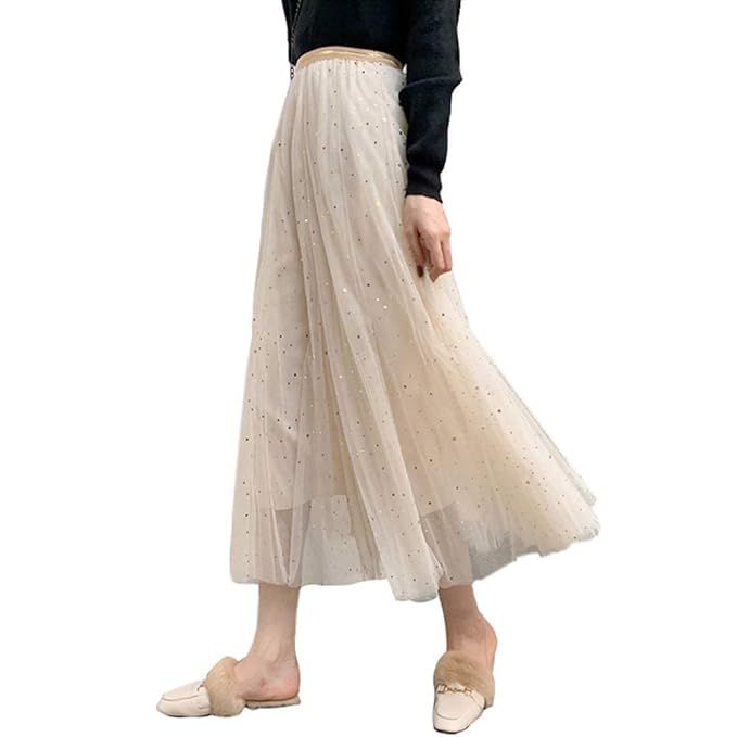 Women Ladies Long Tulle Skirts Sequins Stars Tutu Skirts High Waist Pleated Swing Maxi Skirts | Amazon (US)