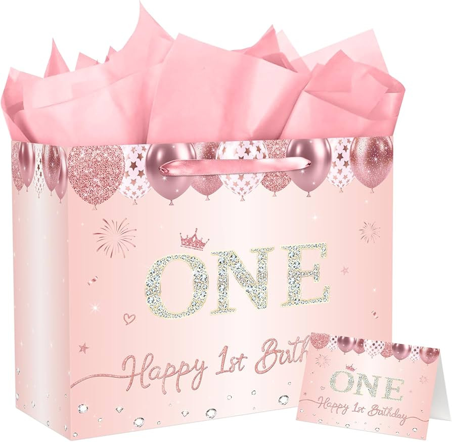 JCTHKUKU Large 1st Birthday Gift Bag for Baby, Pink Rose Gold One Gift Bag with 3 Tissue Paper, H... | Amazon (US)