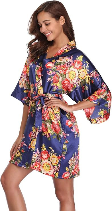 Women's Floral Satin Kimono Robes Short Bridesmaid Robes for Wedding Party | Amazon (US)