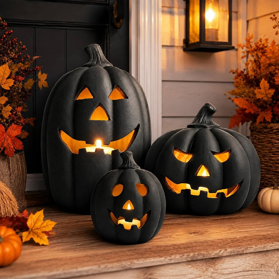 Halloween Decorations-Black Handmade Resin Jack O Lantern Pumpkin, Indoor Outdoor Decoration, Tab... | Amazon (US)