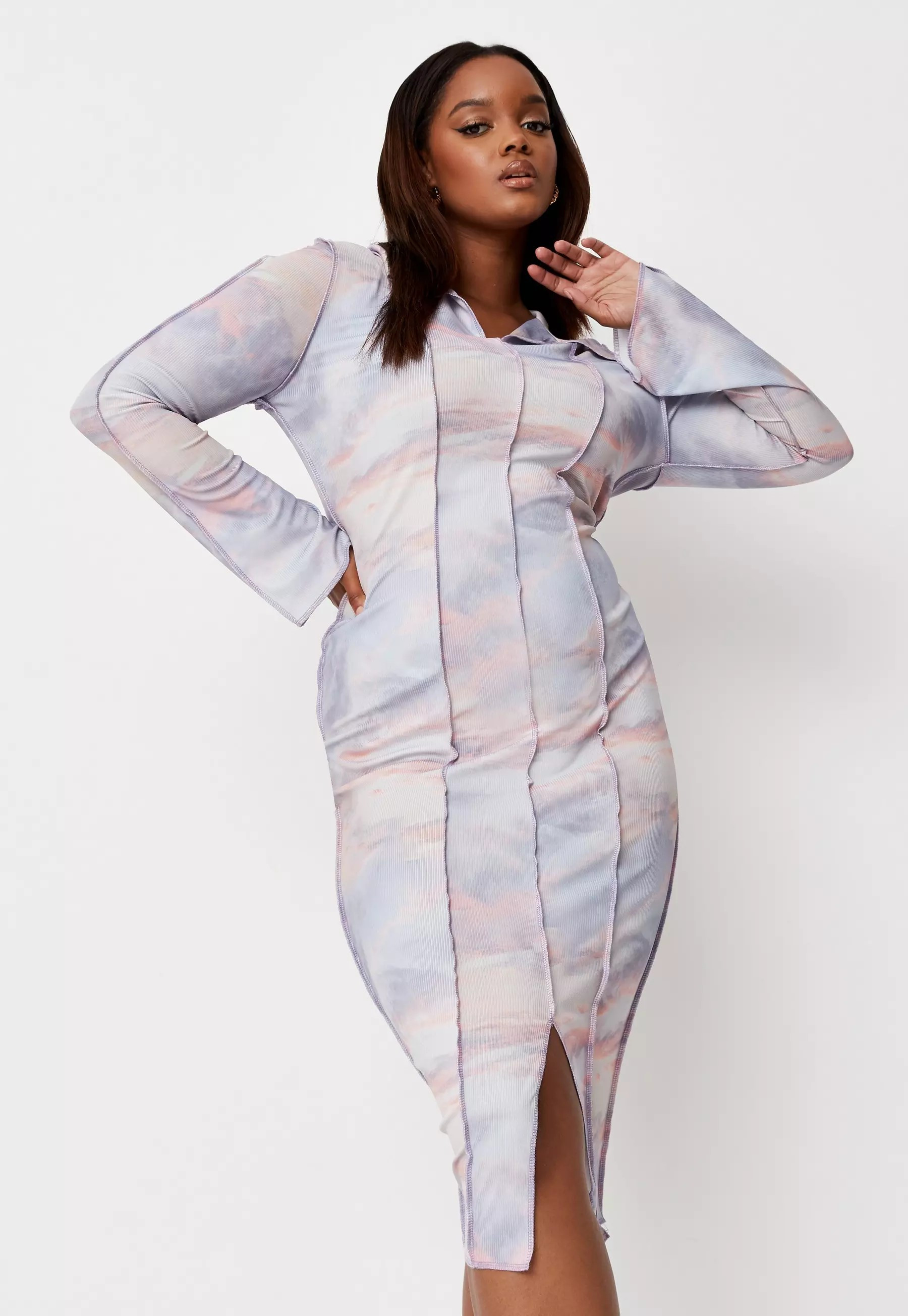 Missguided - Plus Size Lilac Cloud Print Seam Detail Midi Dress | Missguided (US & CA)