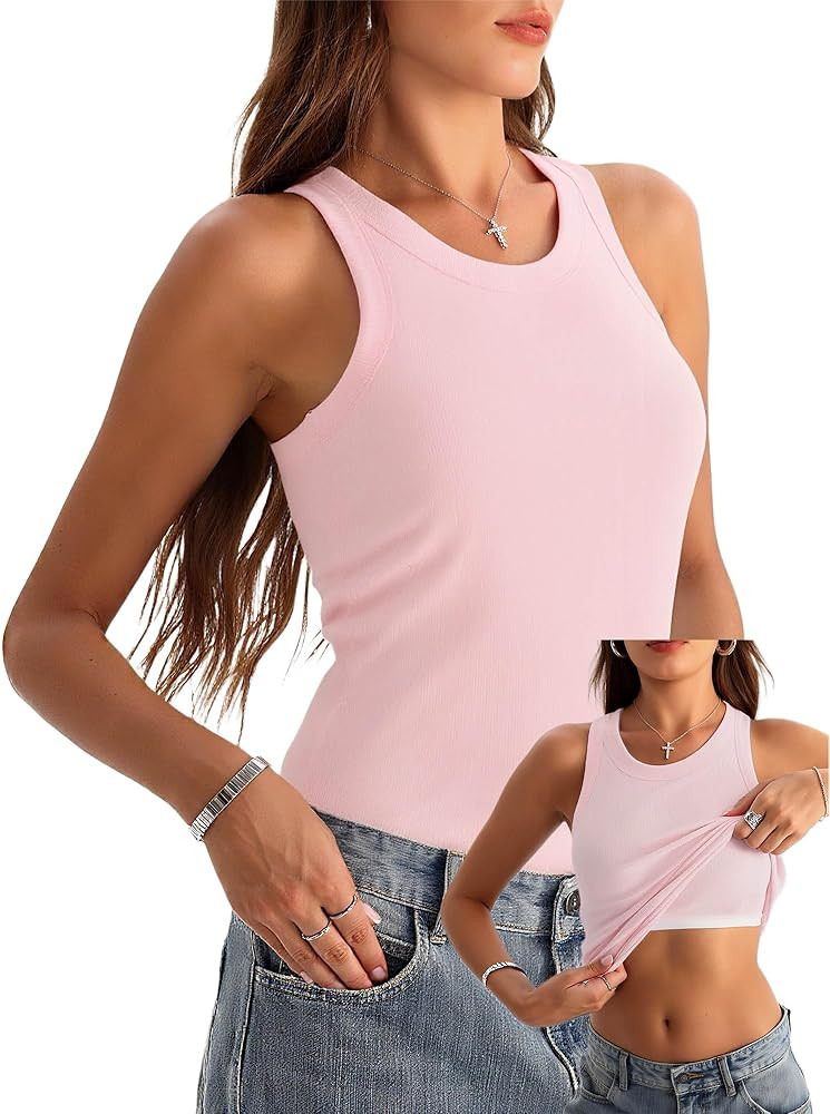 Danysu Racerback Tank Tops with Built in Bra for Women High Neck Ribbed Basics Fitted Long Bra Ta... | Amazon (US)