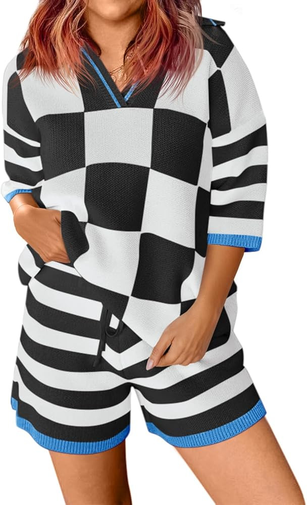 Aoysky Womens 2 Piece Outfits Sweater Sets Color Block Striped Half Sleeve V Neck Knit Tops Short... | Amazon (US)