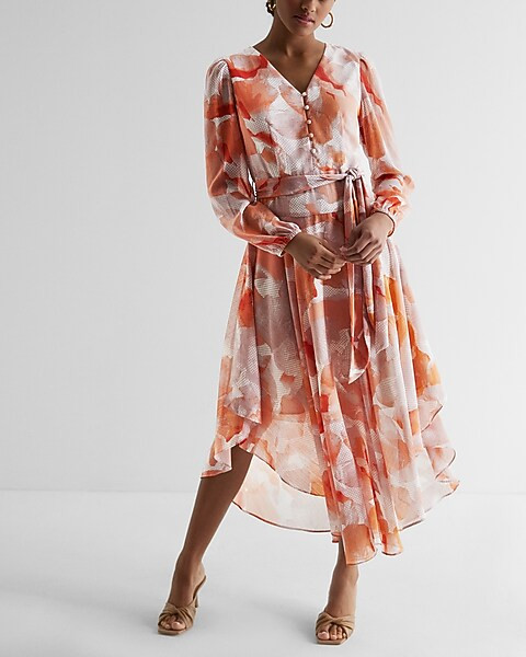 Printed Button Front Tie Waist Midi Dress | Express