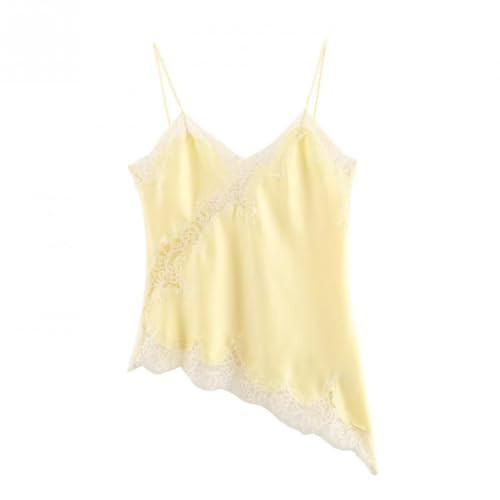 Women Satin Silk V Neck Lace Trim Crop Cami Shirt Sexy Asymmetrical Hem Spaghetti Strap Sleeveles... | Amazon (US)