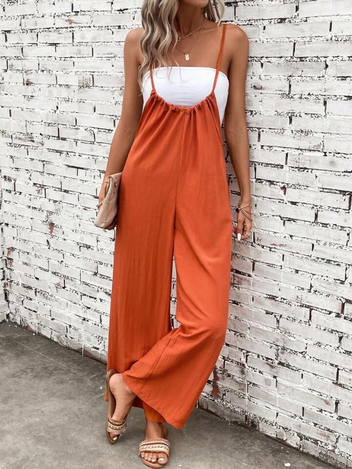 SHEIN LUNE Solid Wide Leg Cami Jumpsuit Without Tube Top | SHEIN