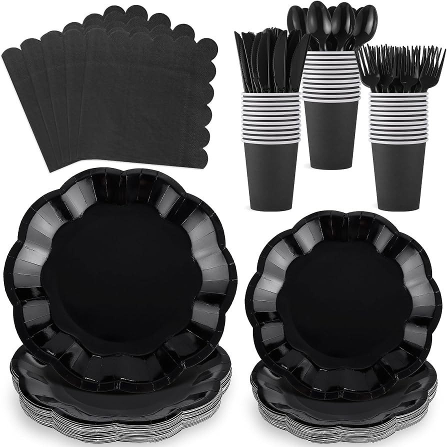 175 Pcs Black Paper Plates and Napkins Black Party Supplies Serve 25 Guest | Amazon (US)