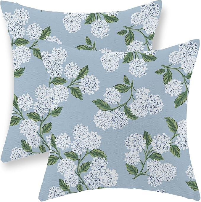 Hydrangea Floral Pillow Covers 18x18 Set of 2 Spring Summer Baby Blue Green Floral Pillow Cases V... | Amazon (US)