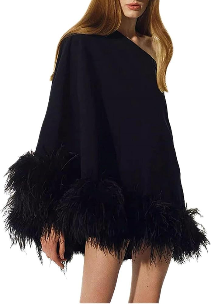MY-43 Women’s High-End Slanted Neck Loose Mini Poncho Dress with Fluffy Ostrich Feather Hem Tri... | Amazon (US)