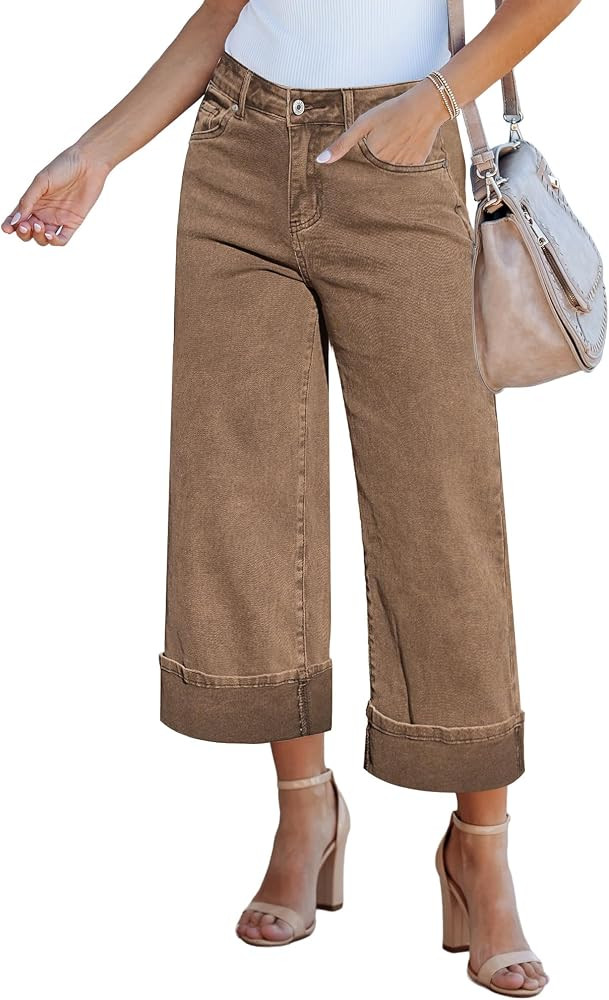GRAPENT Wide Leg Jeans for Women High Waisted Stretchy Denim Crop Pants Fold Hem Cropped Baggy Je... | Amazon (US)