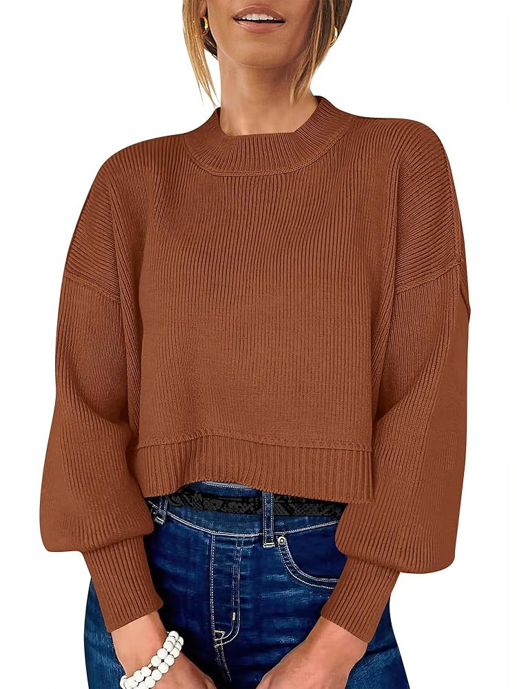 ANRABESS Womens Oversized Crewneck Cropped Sweaters Long Batwing Sleeve Side Slit Ribbed Knit Pul... | Amazon (US)