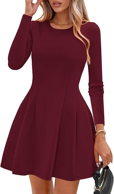 PRETTYGARDEN Long Sleeve Mini Dress for Women 2025 Fall Crewneck Knit Pleated Babydoll A Line Sof... | Amazon (US)
