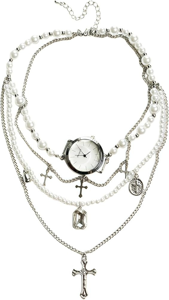 Layered Cross Pearl Necklace With Trendy Watch Face Collarbone Chain Gothic-Punk Fusion Style Pen... | Amazon (US)