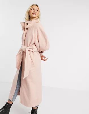 ASOS DESIGN balloon sleeve funnel neck coat in pink | ASOS (Global)