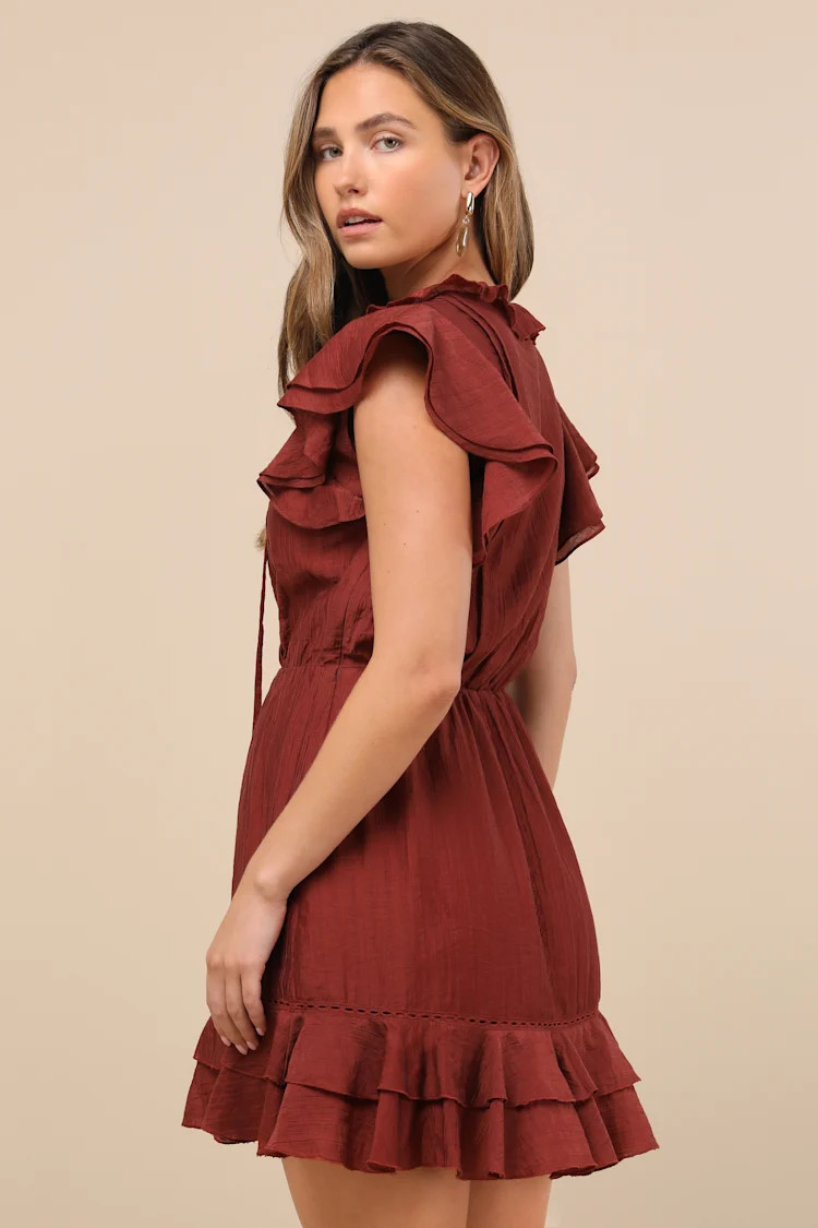 Tanaya Rust Brown Flutter Sleeve Tiered Mini Dress | Lulus