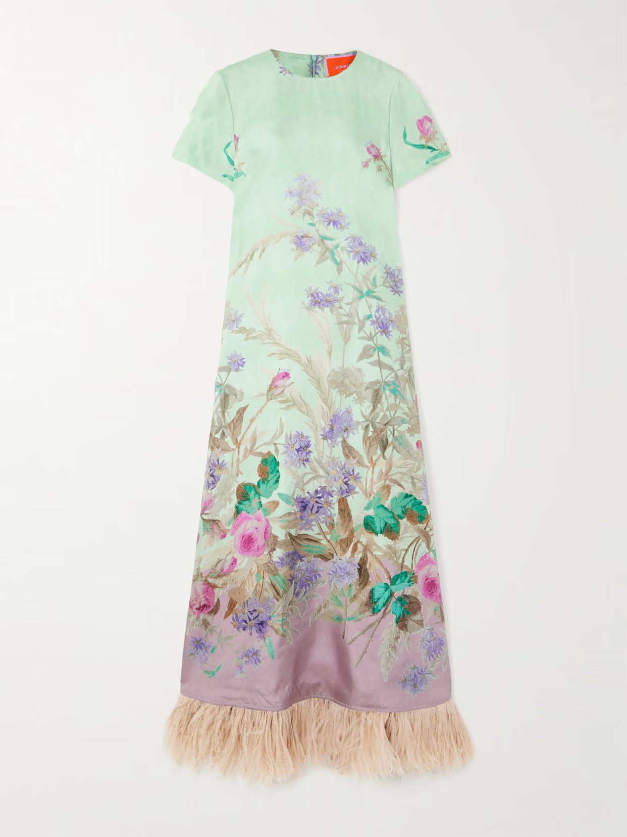 La DoubleJ - Feather-trimmed Floral-print Silk-twill Maxi Dress - Green | NET-A-PORTER (US)