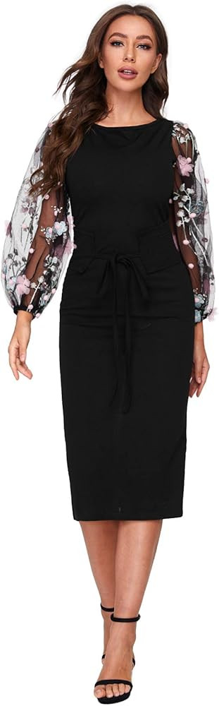 SheIn Women's Elegant Mesh Contrast Bishop Sleeve Tie Front Bodycon Pencil Dress | Amazon (US)