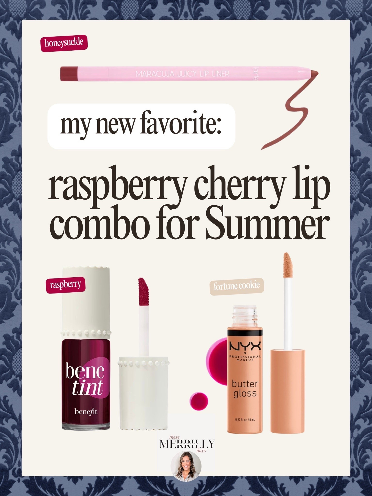 This raspberry cherry lip combo is officially my new summer obsession. The mix of the Tarte Maracuja Juicy Lip Liner in Honeysuckle, Benefit Benetint in Raspberry, and the NYX Butter Gloss in Fortune Cookie gives the prettiest juicy lip look that feels fresh, glossy, and perfect for everyday summer makeup.

summer lip combo, cherry lip trend, raspberry lip stain, juicy lips, glossy lip combo, Benefit Benetint, NYX Butter Gloss, Tarte lip liner, natural makeup look, everyday makeup favorites, soft glam makeup, pink lip combo, beauty favorites, summer beauty products, clean girl makeup, Thesemerrillydays

#LTKgrwm #LTKBeauty #LTKSeasonal