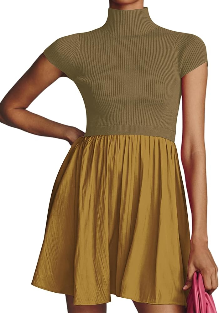 Women Mock Neck Patchwork Pleated Sweater Dress Short Sleeve Swing Knitted Solid Slim Fit Fashion... | Amazon (US)