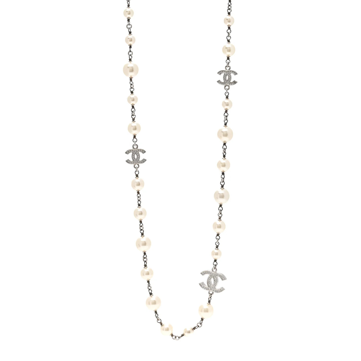 Graduated Pearl Crystal CC Long Necklace Silver | FASHIONPHILE (US)