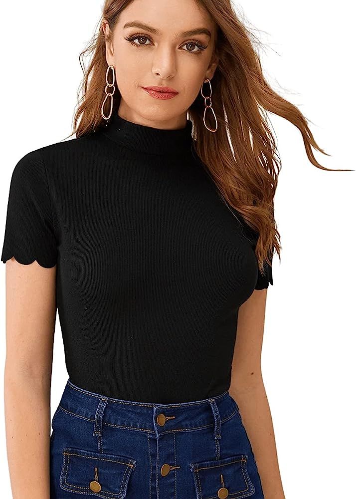 Women's Mock Neck Ribbed Knit Scallop Short Sleeve T Shirt Tops | Amazon (US)