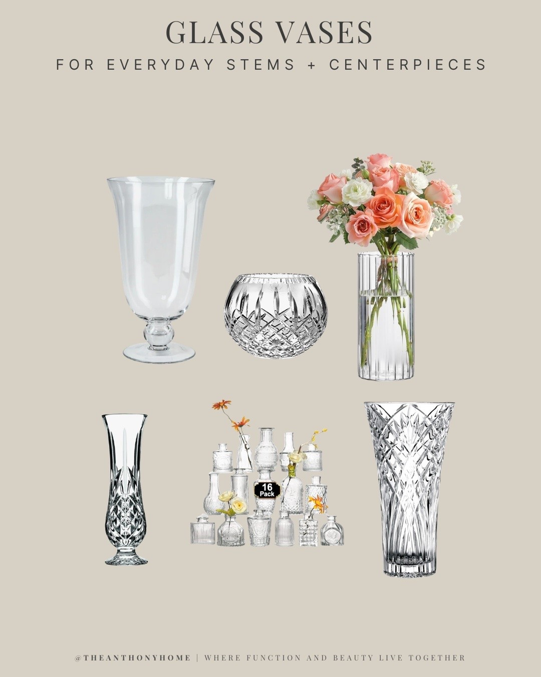 Glass vases for everyday stems, grocery store flowers, fresh flower arrangements, simple centerpieces, bud vases, entry tables, kitchen islands, guest rooms, and dining tables. 

A few versatile clear glass vases make it easy to style flowers before company comes without needing anything complicated. I like having a mix of tall vases, short vases, bud vases, hurricane vases, crystal vases, and cylinder vases for everything from single stems to larger floral arrangements.

#LTKHome