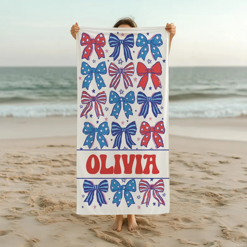 Personalized Patriotic Bow Beach Towel, Custom Name USA Stars & Stripes Design, 4th of July Summe... | Etsy (Global)