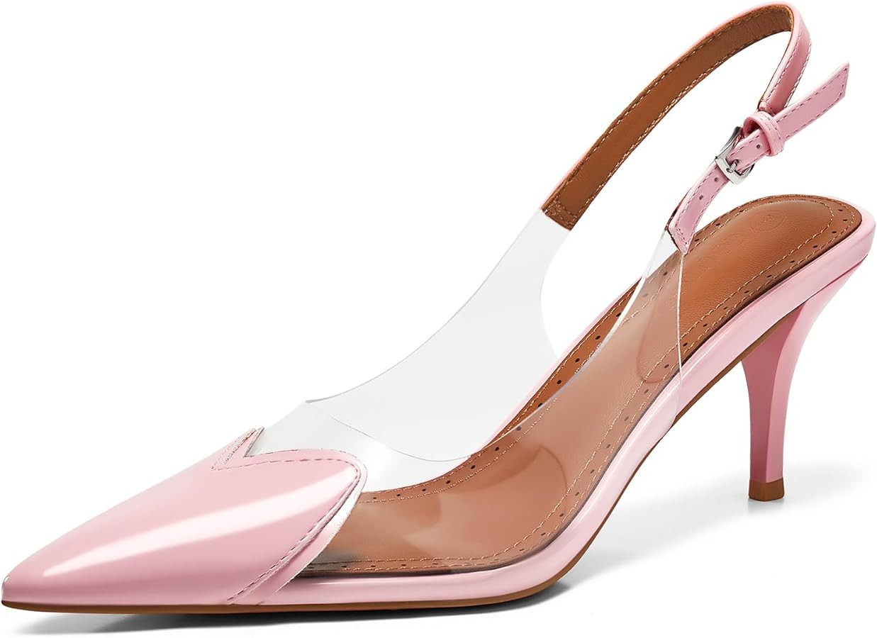 Amazon.com | Coutgo Womens Slingback Kitten Heels Clear Pumps Cute Heart Pointed Toe Slip On Part... | Amazon (US)