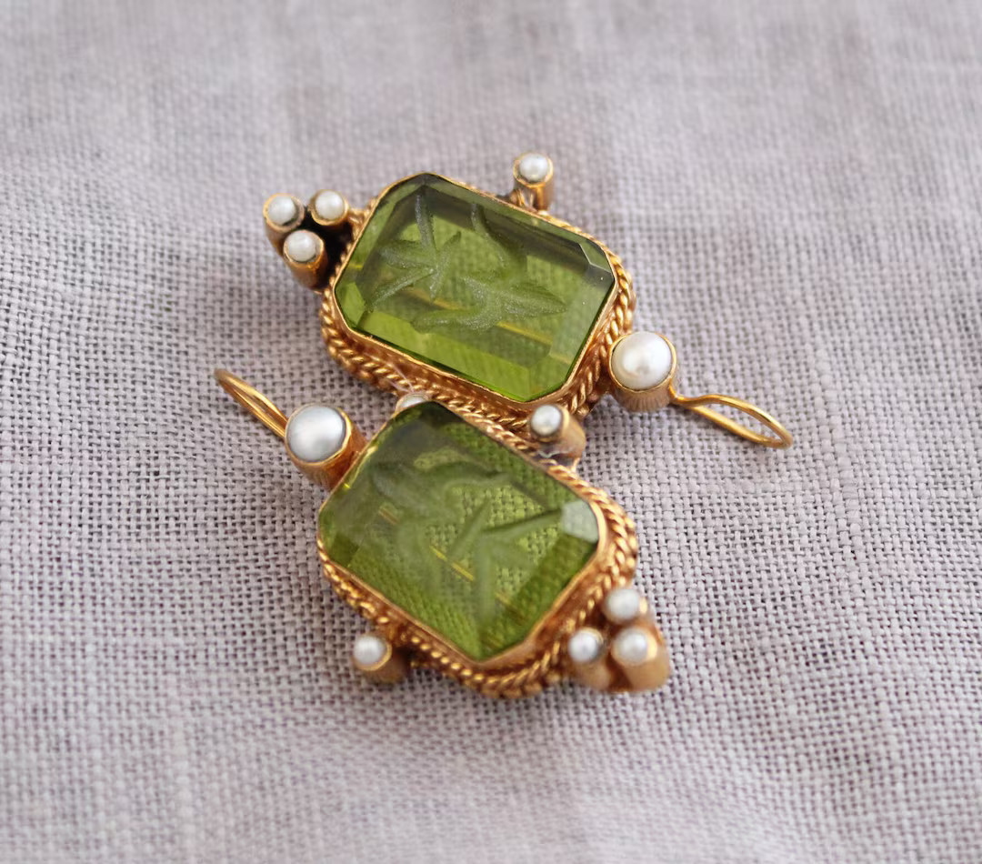 Olive Green Intaglio Earring, Intaglio Crystal Earring, Vintage Earring, Wedding Earring, Art Dec... | Etsy (US)