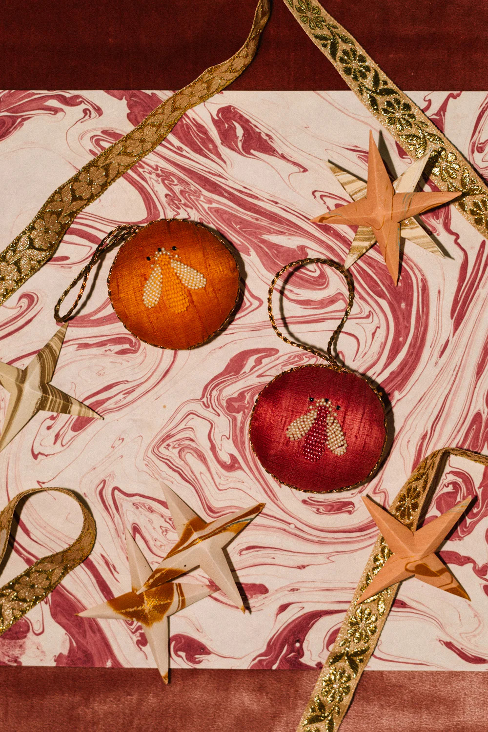 Juliet Beaded Bee Ornament Set in Rose and Tangerine (2pc) | Parterre