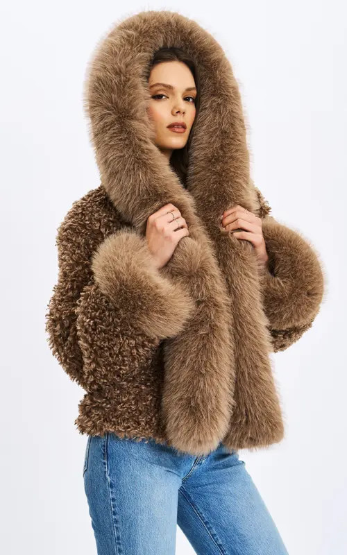 Miss Circle Faux Shearling Fur Jumbo Kali Hooded Coat in Brown at Nordstrom, Size X-Small | Nordstrom