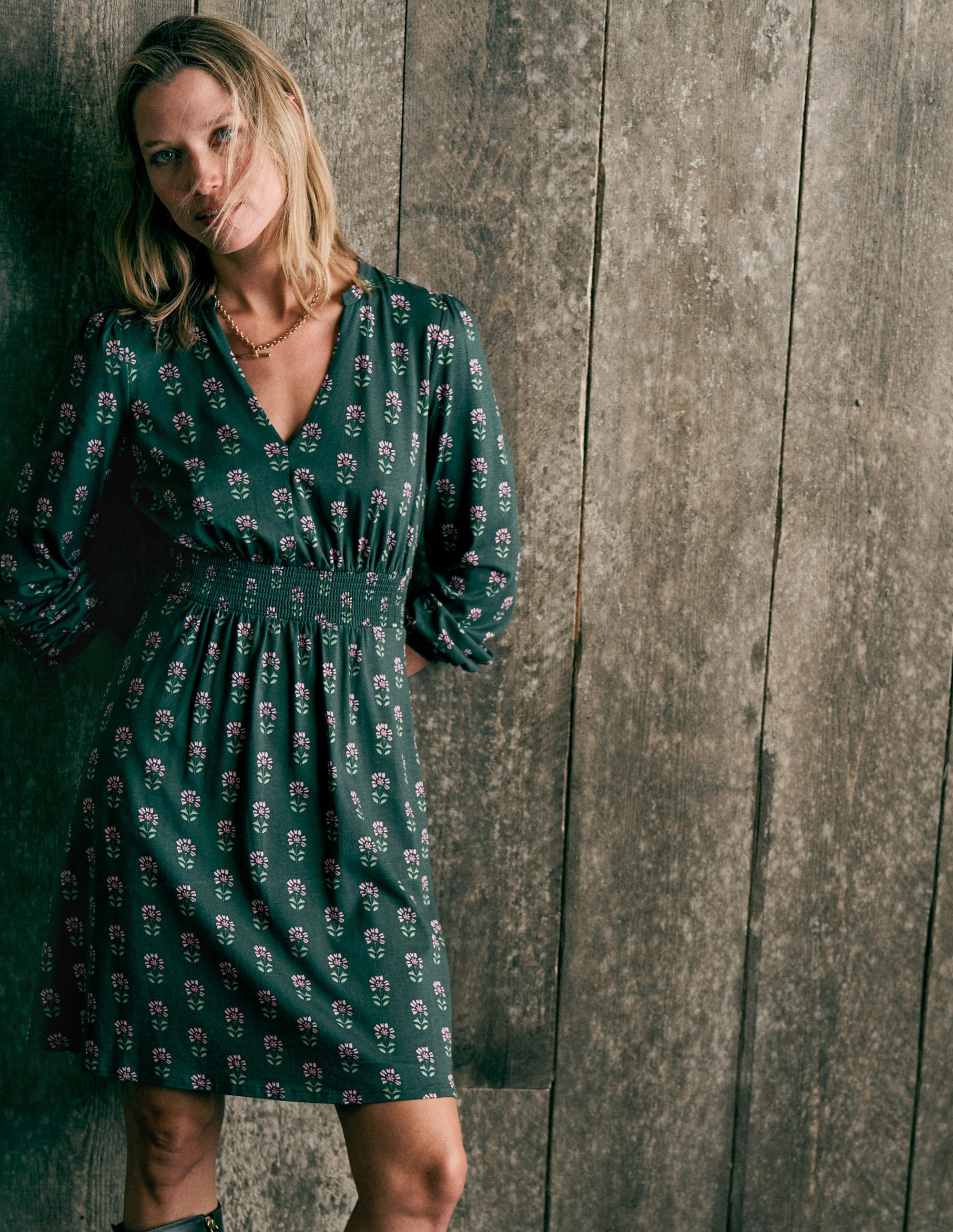 Sarah Short Jersey Dress-Winter Moss, Woodblock Floral | Boden (US)