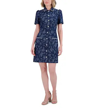 Denim Floral Print Point Collar Neck Short Sleeve Rhinestoned Button Front Shirt Mini Dress | Dillard's