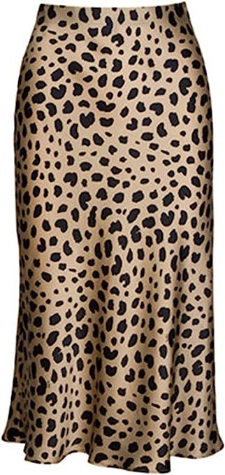 Soowalaoo High Waist Leopard Midi Skirt Hidden Elasticized Waistband Silk Satin Skirts | Amazon (US)