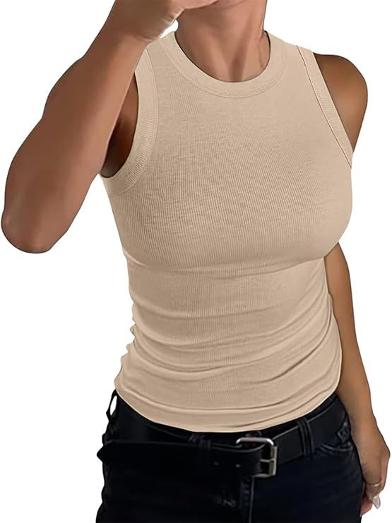 EADINVE Womens Summer Tank Tops Ribbed Sleeveless 2024 Basic Solid Color T-Shirts Slim Round Neck... | Amazon (US)