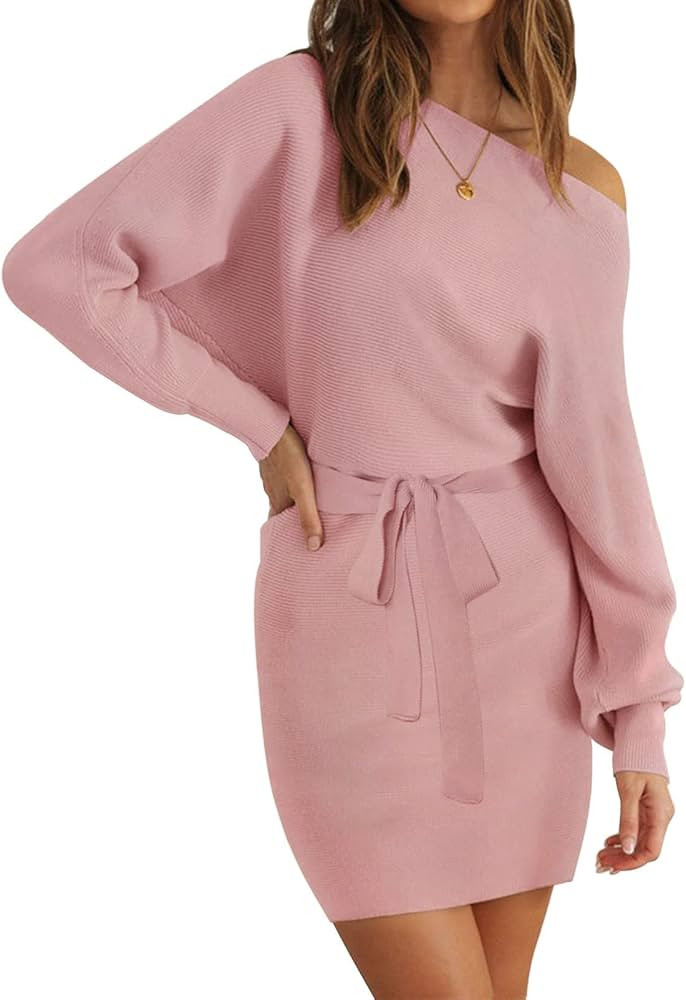 MEROKEETY Women's Off Shoulder Batwing Sleeve Sweater Dress Ribbed Knit Bodycon Mini Dresses with Be | Amazon (US)
