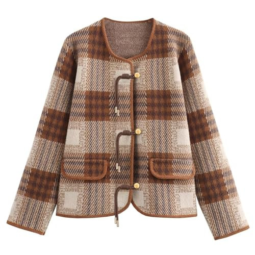 HOULENGS Women's Vintage Button Down Cardigan Sweater Plaid Print Long Sleeve Knit Coat with Pockets 2025 Fall Fashion Brown Medium | Amazon (US)