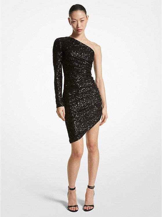 Sequined Stretch Tulle Asymmetric Dress | Michael Kors US