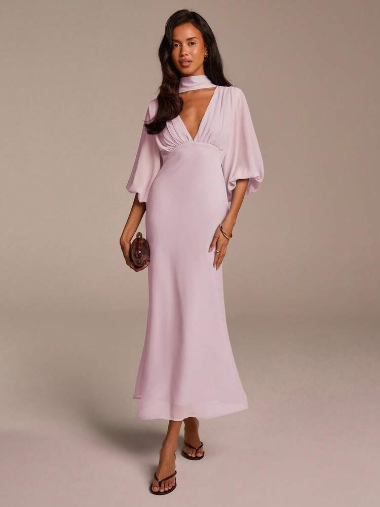 COSMINA Women's Elegant Chiffon Deep V-Neck Puff Sleeve Fishtail Maxi Dress,Lavender Summer Wedding Guest Bridesmaid Party Dress,Solid Color Ruffle Vacation | SHEIN