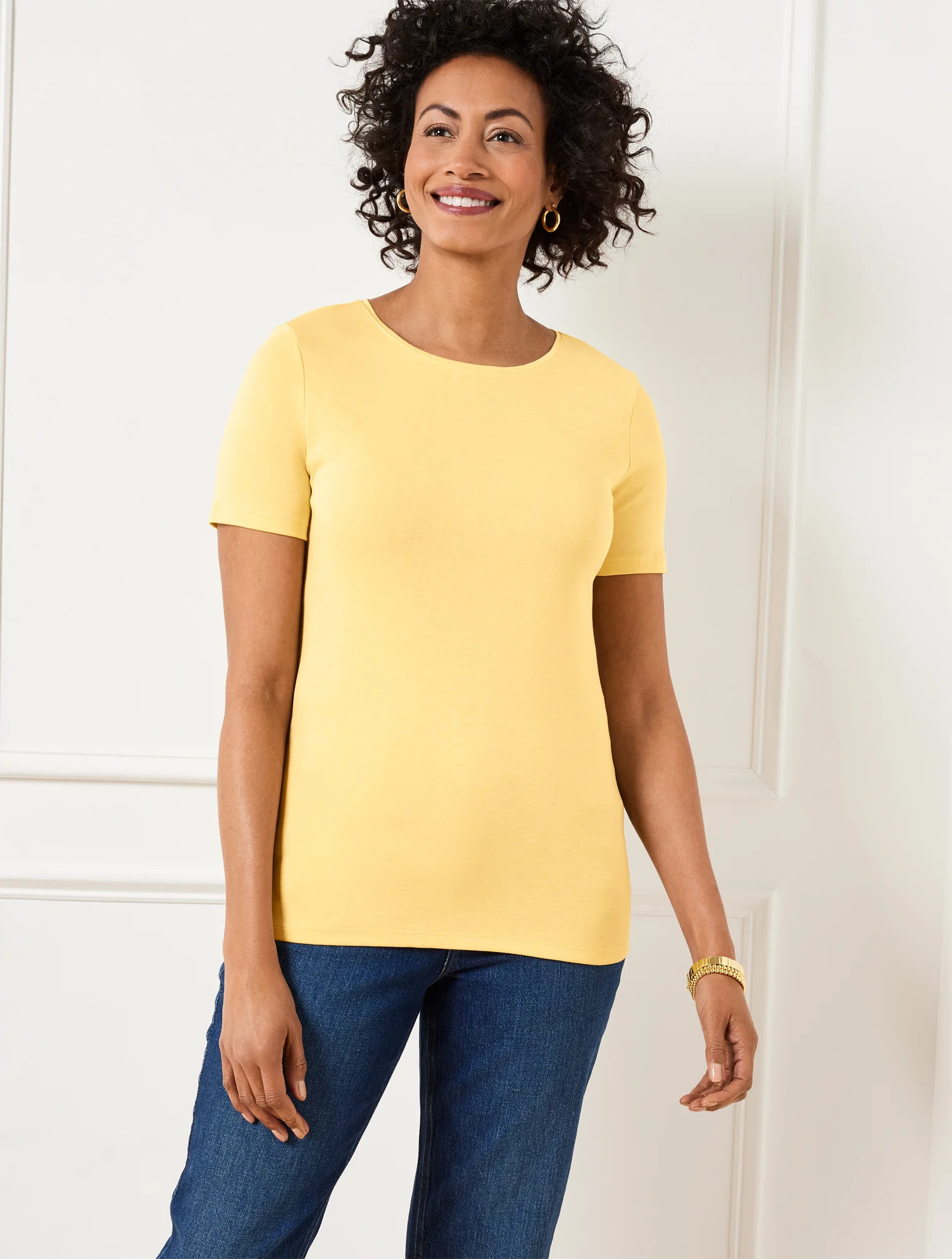 Petite - Pima Cotton Crewneck T-Shirt - Corn Silk - Large Talbots | Talbots
