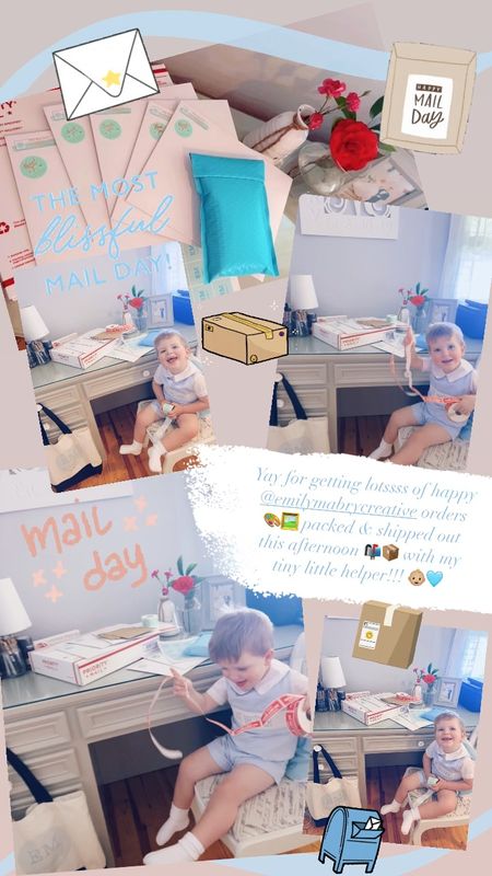 Yay for getting lotssss of happy @emilymabrycreative orders  🎨🖼️ packed & shipped out this afternoon 📬📦 with my tiny little helper!!! 👶🏼🩵

#LTKbaby #LTKSeasonal #LTKfamily