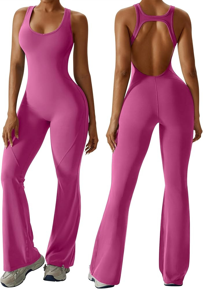 OEAK Womens Flare Jumpsuit with Bra Tummy Control Cutout Romper Workout Outfit Sleeveless Unitard... | Amazon (US)