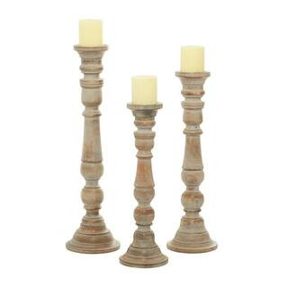 Brown Mango Wood Candle Holder with Turned Style (Set of 3) | The Home Depot