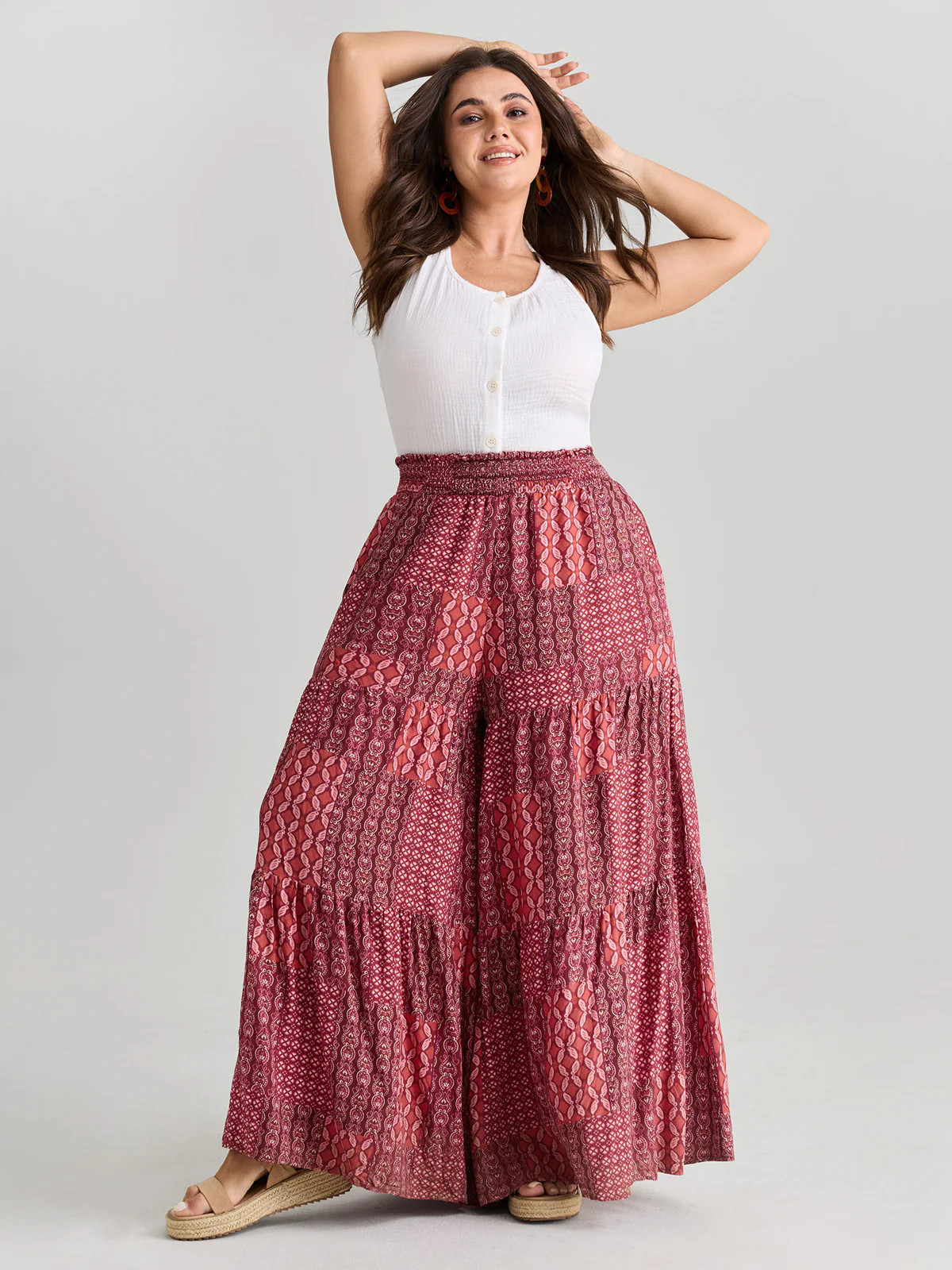 Geometric Print Flared Shirred Waist Pants | Bloomchic