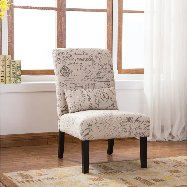 Pisano English Letter Print Fabric Armless Contemporary Accent Chair with Matching Pillow | Bed Bath & Beyond